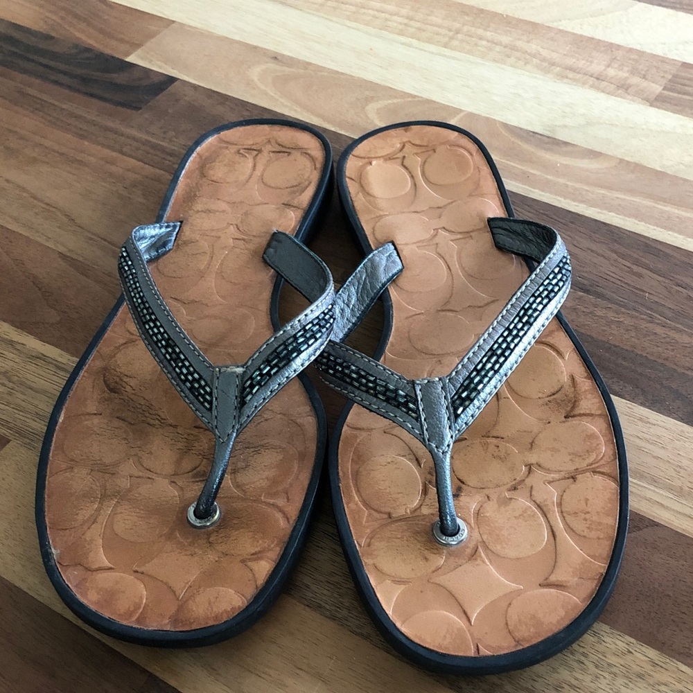 Coach Tan Leather/Gray Metallic Beaded Thong Sandals